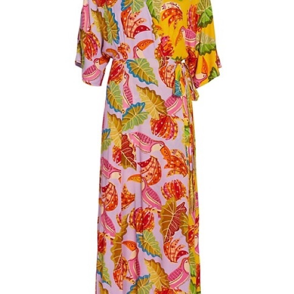FARM RIO MIXED BEAKS & BANANAS VISCOSE WRAP MAXI DRESS MULTICOLOR SIZE LARGE NEW - Picture 10 of 11